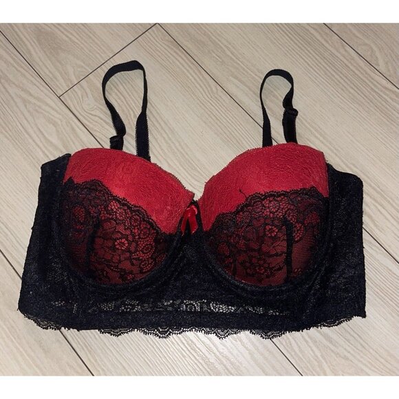 Jezebel J5296 Lace Longline Strapless Multi Way Bra Padded UW 36B Black Red - Picture 2 of 6